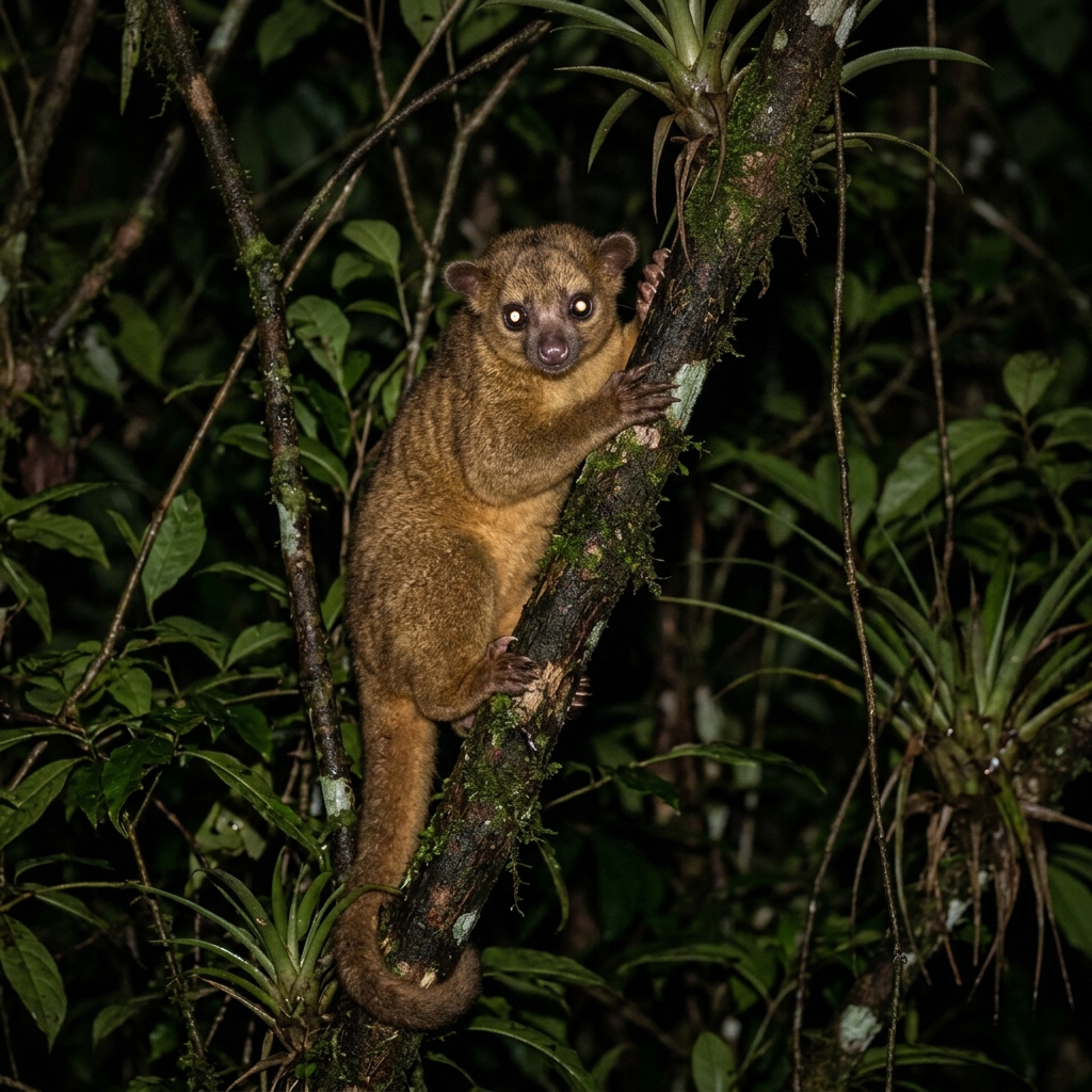 A nocturnal Kinkajou climbing through the rainforest canopy at night during a jungle tour